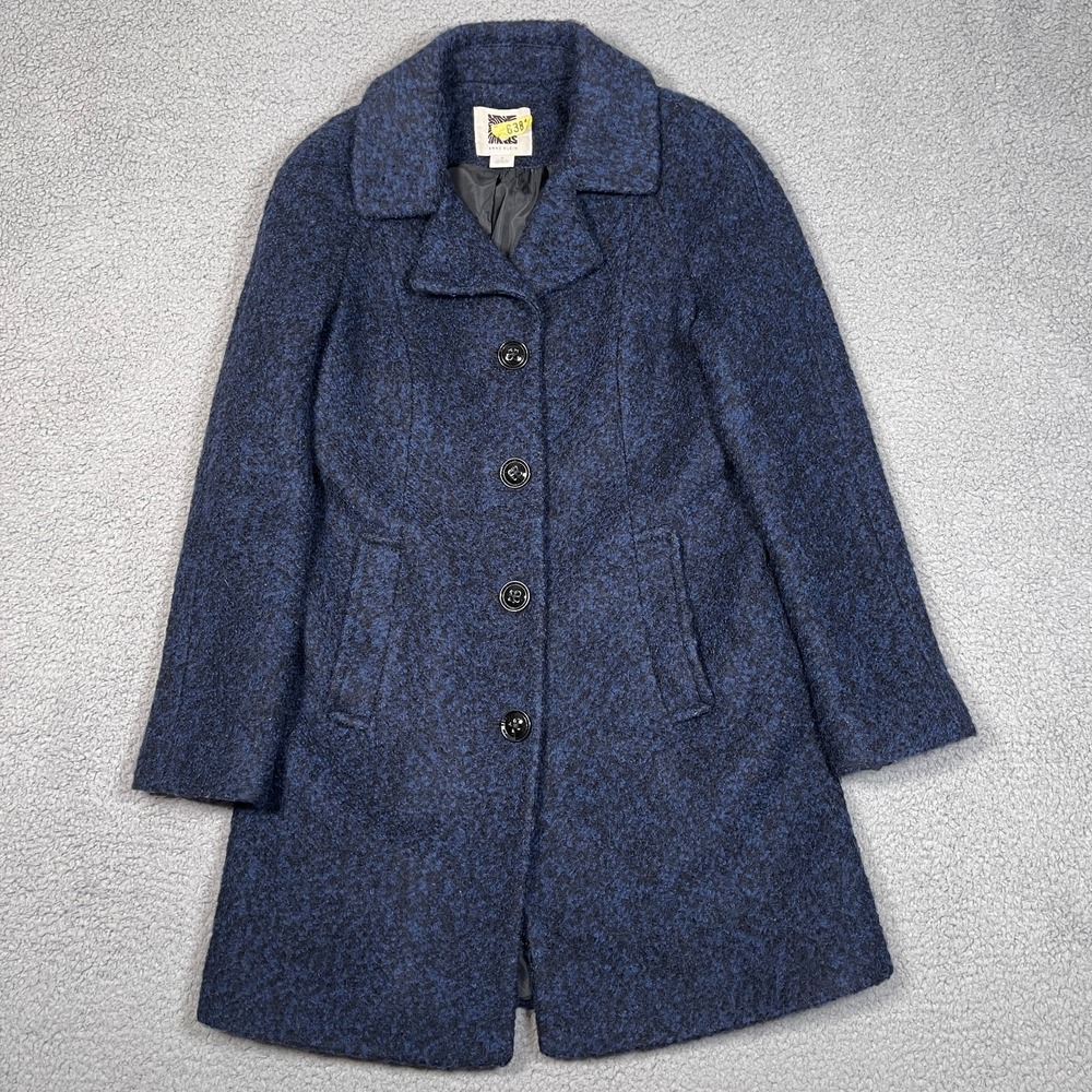 Anne Klein Trench Coat Womens S Blue Wool Blend Overcoat Peacoat Oversized City